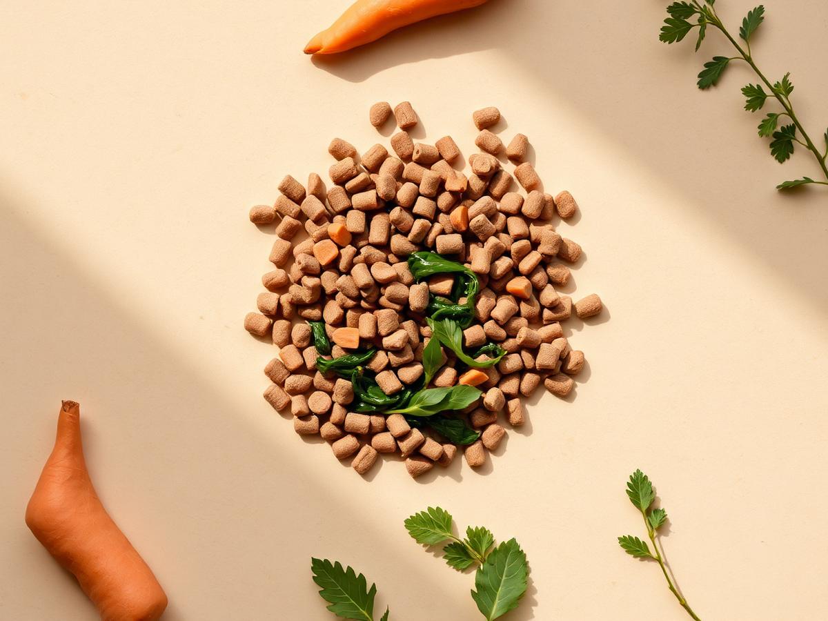 Kibble with fresh carrot, sweet potato and greens on a cream surface