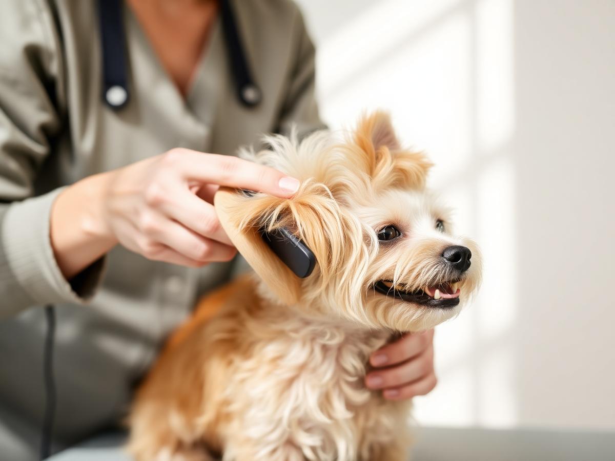 A groomer gently brushing a small dog